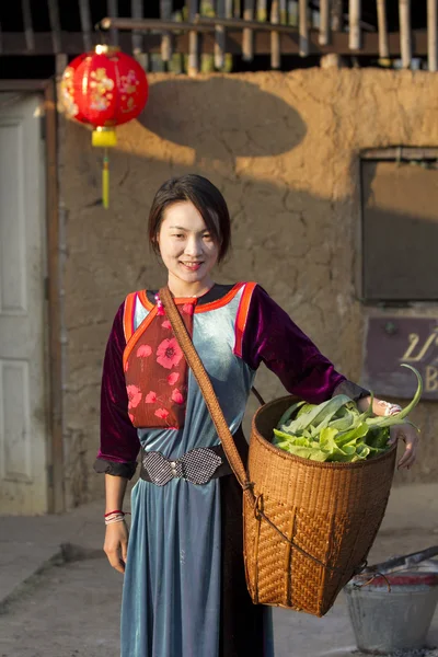 Lisu Hill tribu chica en traje tradicional con su verdura f — Foto de Stock