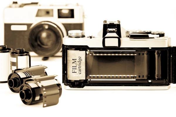 Retro camera with film opened back side. — Stock Photo, Image