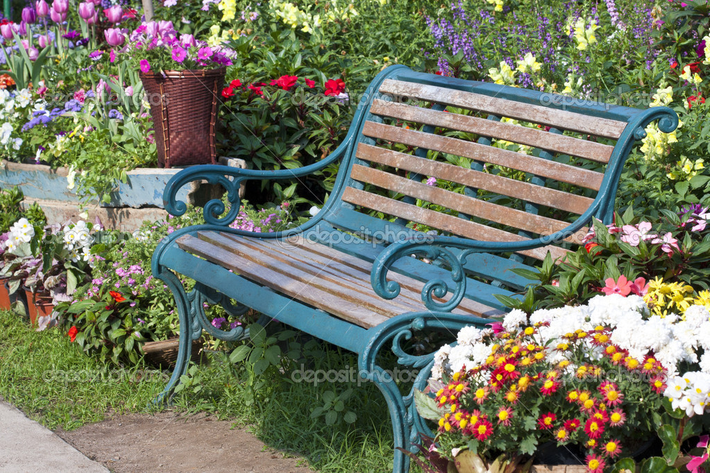 flower garden with bench