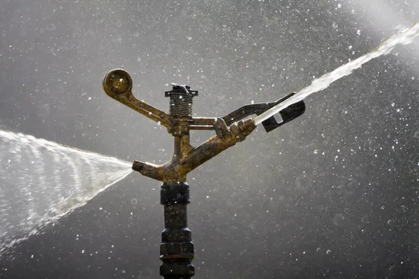 Sprinkler sproeien van water in de boerderij — Stockfoto