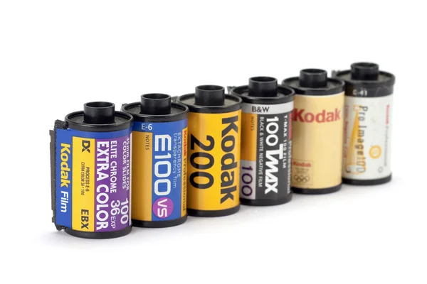Rotoli di film Kodak, tipo di diapositiva, pellicola nagativa e bw — Foto Stock