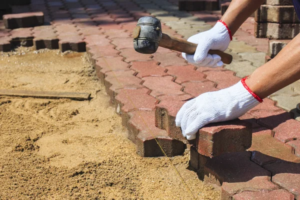 Trabalhador que estabelece blocos de pavimentação de concreto vermelho . — Fotografia de Stock