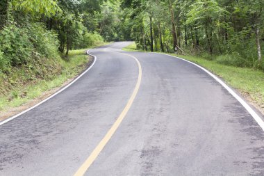 Eğri yol asfalt yolun Kuzey Tayland tropikal orman yoluyla.