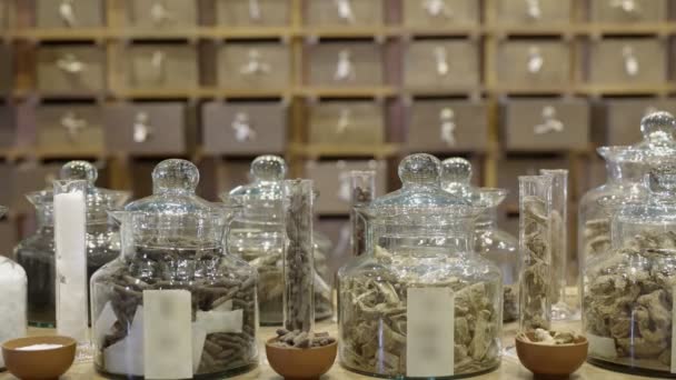 Традиційний Китайський Аптечний Магазин Стародавні Трави Аптечний Кабінет Дерев Яні — стокове відео