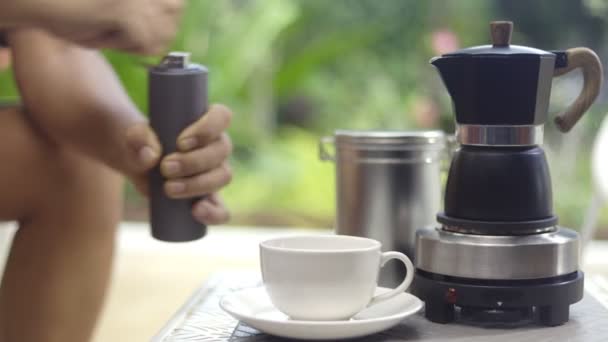 Man Fill Hot Water Making Coffee Moka Pot Terrace — 图库视频影像