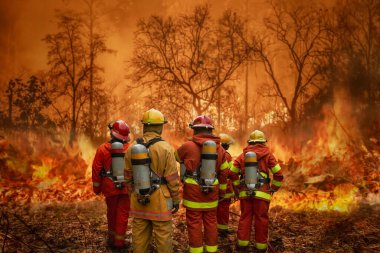 Firefighters team battle a wildfire because climate change and global warming is a driver of global wildfire trends. clipart