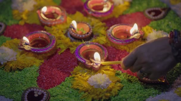Traditional Diya Lamps Lit Diwali Celebration — Stock Video