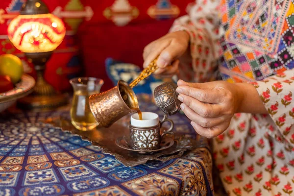 Pouring Turkish Coffee Cezve Cup — Stock Photo, Image