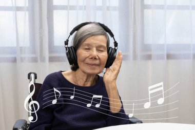Music therapy in dementia treatment on elderly woman. clipart