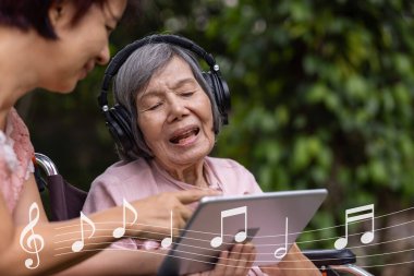 Music therapy in dementia treatment on elderly woman. clipart