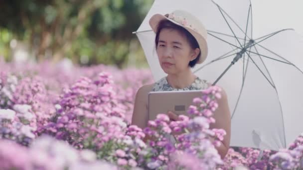 Middle Aged Asian Woman Using Tablet While Checking Quality Flowers — Stock Video