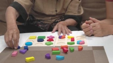 Bakıcı ve kıdemli kadın ahşap şekilli bulmaca oyunu oynuyorlar bunamayı önlemek için..