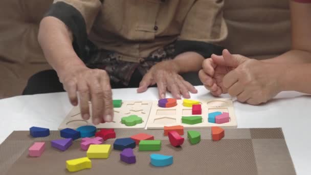 Badante Donna Anziana Giocare Puzzle Forma Legno Gioco Prevenzione Della — Video Stock