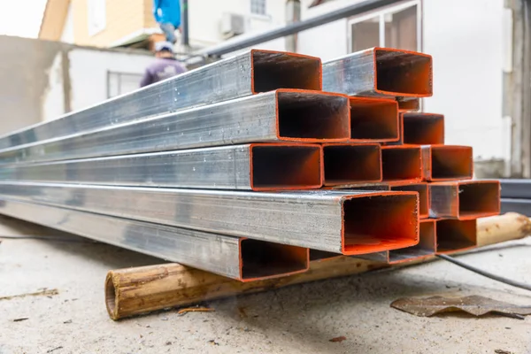 Galvanized Rectangular Steel Tube Construction Site — Stock Photo, Image