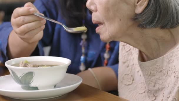 Festa Della Mamma Figlia Che Alimenta Madre Anziana Con Minestra — Video Stock
