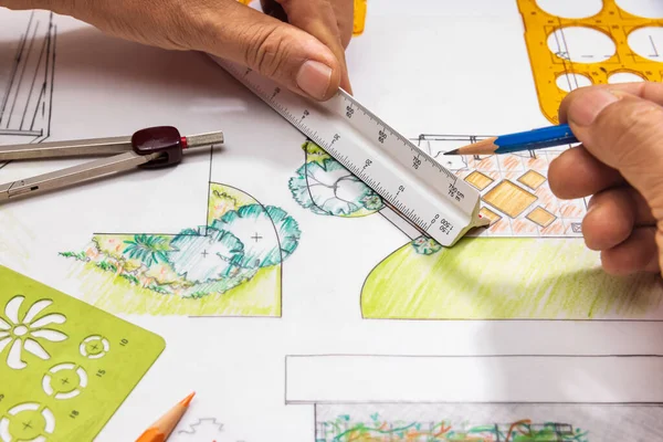Landschapsarchitect Student Leren Tuinplan Ontwerp — Stockfoto