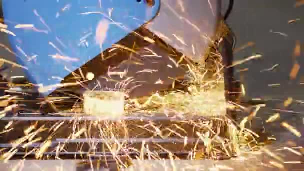 Worker Cutting Steel Rectangular Pipe Construction Site — Vídeos de Stock