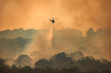 Yangın söndürme helikopteri yangına su bırakıyor.