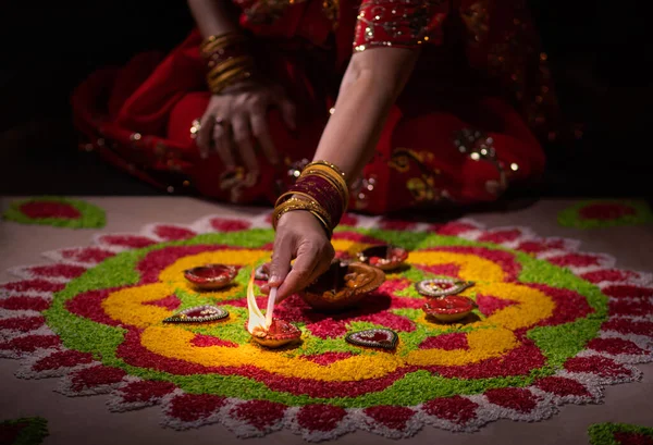 Lámparas Diya Tradicionales Encendidas Durante Celebración Diwali — Foto de Stock