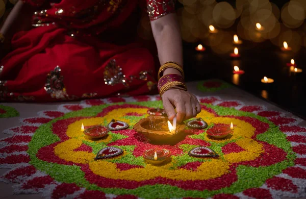 Traditionele Diya Lampen Aangestoken Tijdens Diwali Viering — Stockfoto