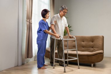 Caregiver takecare older man that having Sarcopenia or muscle loss. Sarcopenia is a degenerative disease of the muscle usually caused by the natural consequence of aging. clipart