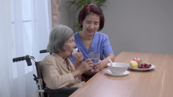 Φροντιστής Που Ταΐζει Ηλικιωμένη Ασιάτισσα Σούπα — Αρχείο Βίντεο