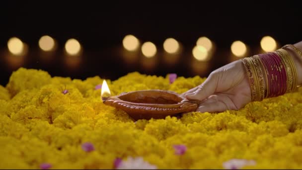 Klei Diya Lampen Aangestoken Tijdens Diwali Viering Diwali Deepavali India — Stockvideo