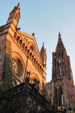 Günbatımında pembe taşlardan inşa Strasbourg Katedrali'nin görüş açısı