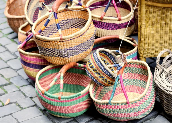 Artisanal baskets sold on street markets in Europe — Stok fotoğraf