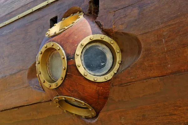 Detail of Replica of submarine which was used in 19 century in Barcelona in Port Vell — Stock Photo, Image