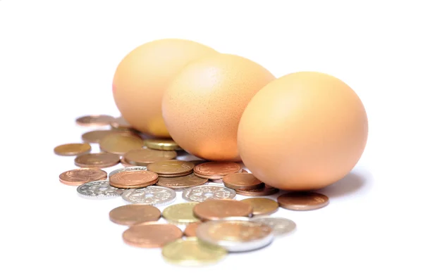 Huevos con monedas como concepto de costo de producción — Foto de Stock