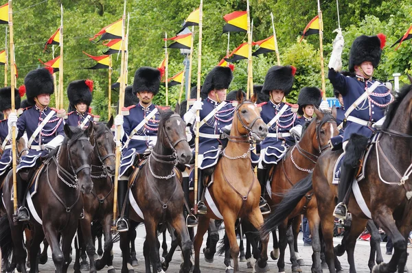 Belgian Cavalry in traditional uniform takes part the military parade in National Day of Belgium — Stock Photo, Image