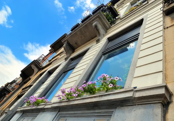 Angle view of a house with sky reflecting in windows — Stock Photo, Image