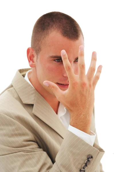 Stressed young man explains emotionally using body language Stock Image