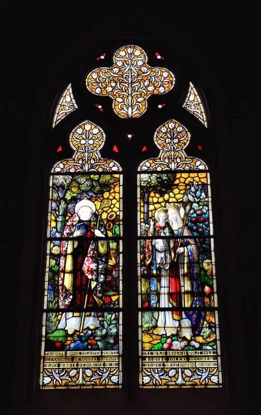 Stained glass window in neogothic Saint Barbara Church — Stock Photo, Image