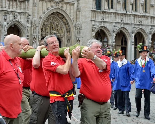 El alcalde de Bruselas Yvan Mayeur y el ex alcalde Freddy Thielemans participan en la ceremonia de plantación de Meyboom en Grand Place —  Fotos de Stock