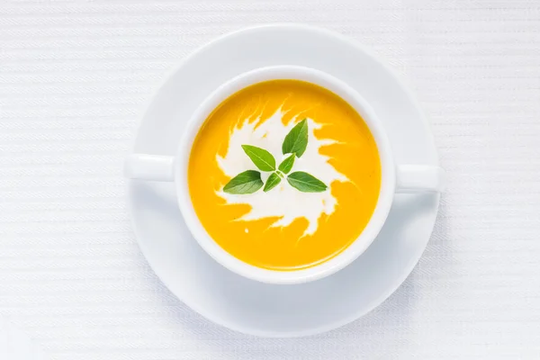 Pumpkin soup on served table. Top view — Stock Photo, Image