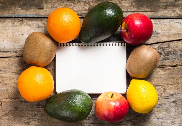 Blank Recipe Notepad with Different Fruits Around on Wood Backgr — Stock Photo, Image