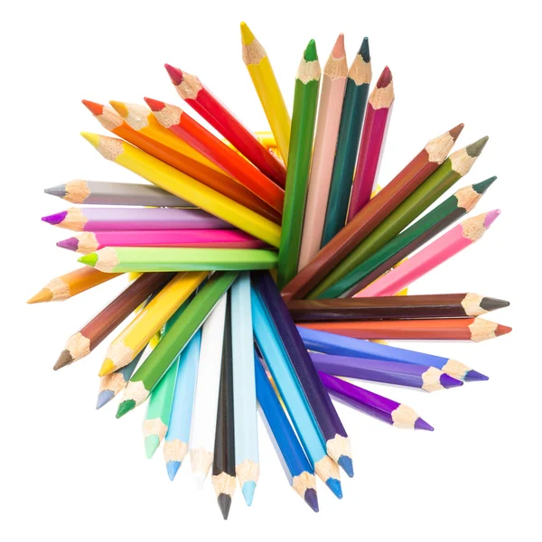 Olika färgglada pennor i hållare isolerad på vit bakgrund — Stockfoto