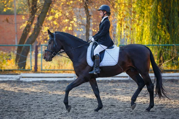 秋の馬術の馬場馬術テストで10代の女の子乗馬馬 — ストック写真