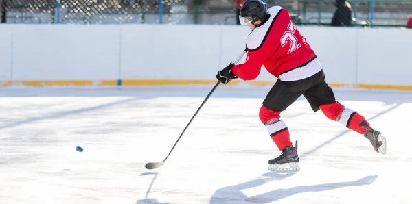 Giocatore professionista di hockey su ghiaccio in attacco sulla pista Foto Stock Royalty Free