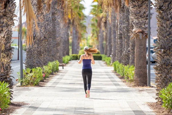 Back View Jogging Woman Street Tropical Town Running Girl Summer — Stock Photo, Image