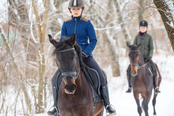 Due giovani ragazze a cavallo nel parco innevato in inverno Foto Stock