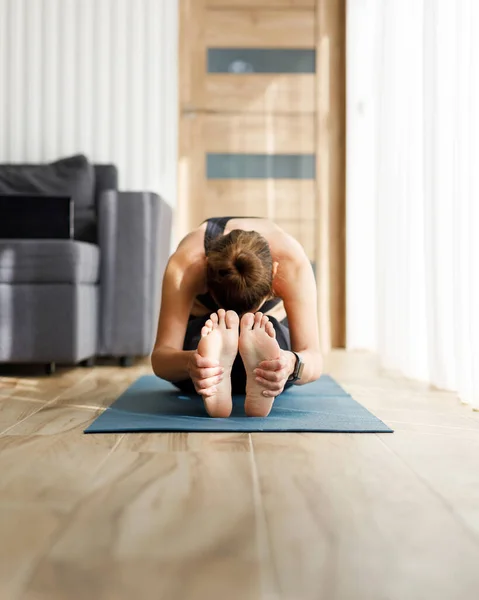 Young Woman Doing Stretching Her Morning Yoga Routine Home Big — Stock Photo, Image