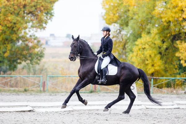 Young Horse Rider Girl Her Advanced Dressage Test Equestrian Competition — ストック写真