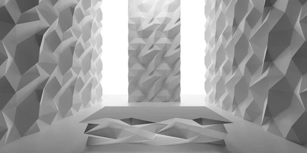 3D render abstract white geometry podium between white polygonal walls. Wide angle view 16mm