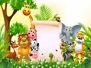 Animal cartoon in jungle with blank sign clipart