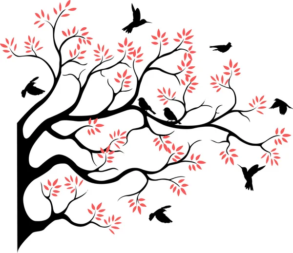 Silhouette d'arbre avec oiseau volant — Image vectorielle