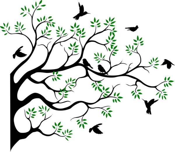Silueta de árbol con pájaro volando — Vector de stock