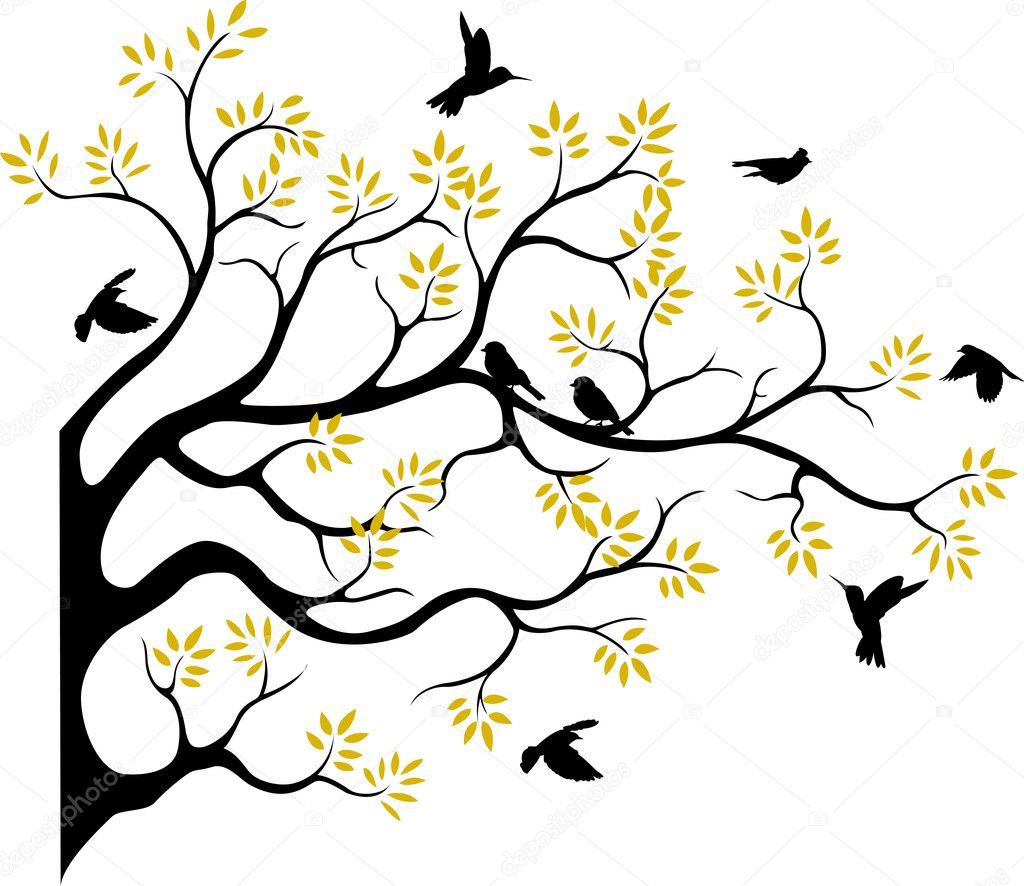 Tree silhouette with bird flying